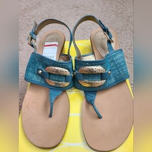 Blue Green T-Strap Sandals with Decorative Gold Accents